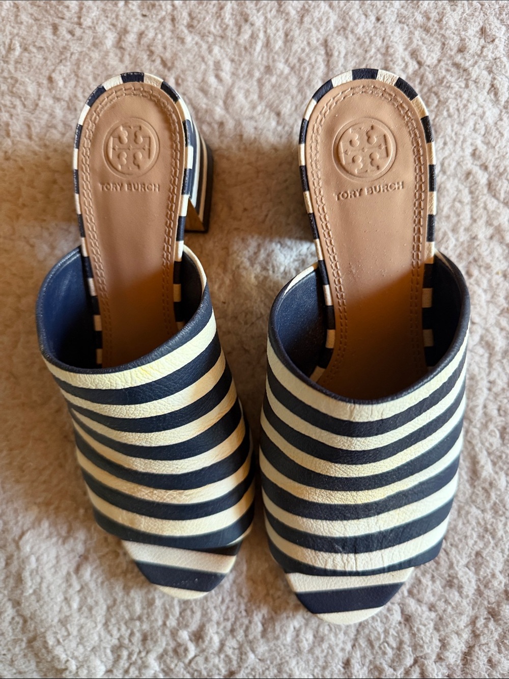 Tory Burch Navy and White Striped Leather Open-Toe Mule Heels